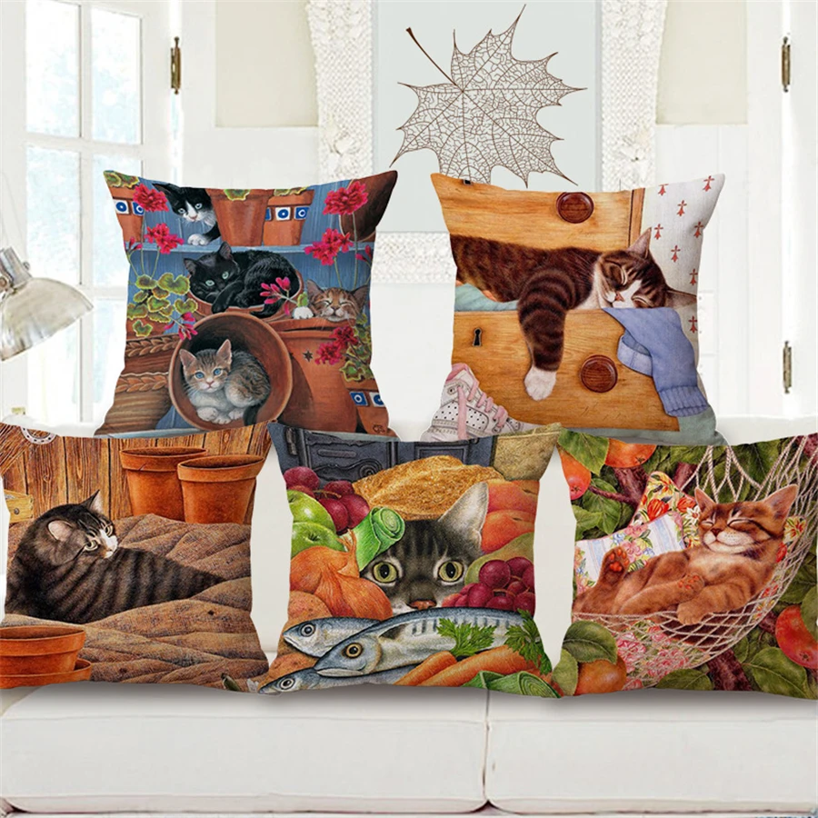 cheap Cute Cat Retro American Style Decorative Chair Cushion Cover Vintage Home Decor Bed Sofa Throw Pillow Case Cotton Linen e1113