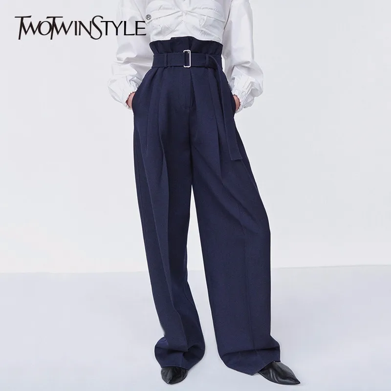 

TWOTWINSTYLE Sashes Trousers Female High Waist Ruched Oversize Long Wide Leg Pants Ladies 2019 Spring Fashion OL Clothing