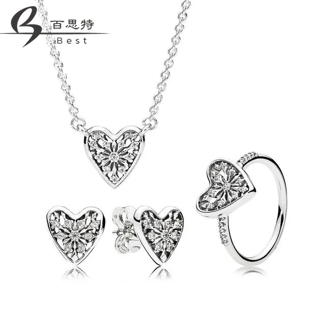 

BEST 100% 925 Sterling Silver Original Hearts of Winter Earring Studs Ring Necklace Set Free Shipping