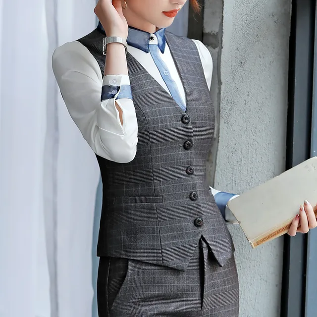 Spring New plaid vest women OL fashion formal V neck slim vest coat