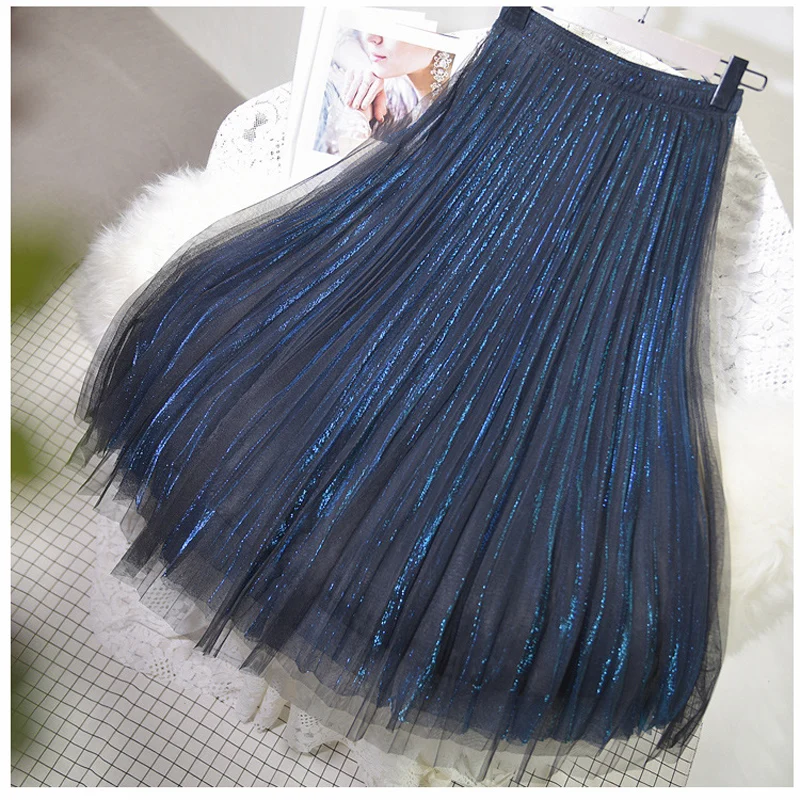 Women's 3 Layer Bright Tulle Skirt Ladies Korean High Waist Shining Tutu Skirt Pleated Mesh Midi Skirts Faldas Autumn - Цвет: Peacock blue