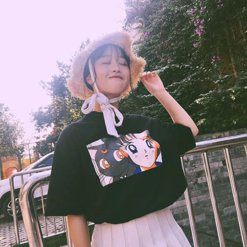 

Kawaii T Shirt Summer Women Tops 2018 Harajuku T-shirts Print Sailor Moon cartoon Loose Short Sleeve Casual Femme Tee Shirt