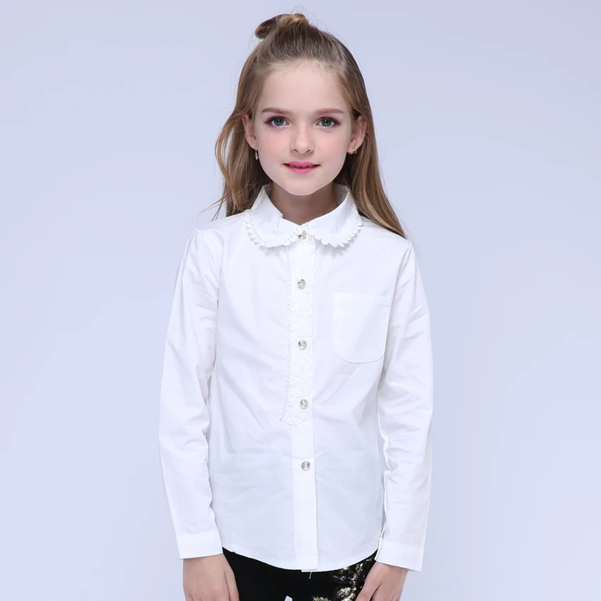 Кружевные рубашки для девочек, детские блузки с оборками осенние детские однотонные топы, школьные рубашки с длинными рукавами белые блузки для девочек 4, 8, 9, 12 лет