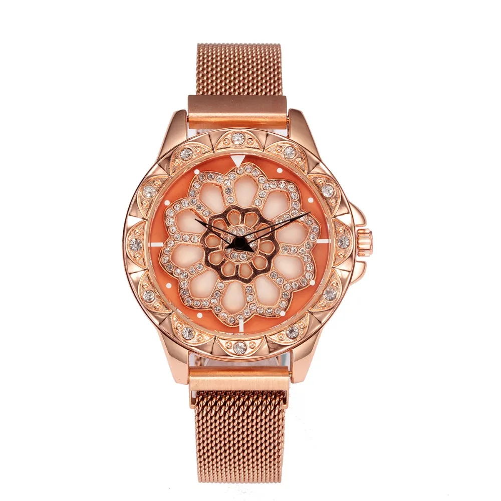 

Fashion Creative Watch Women Rotatable Flower Design Mesh Belt Quartz Watches Womens Magnet Clasp Clock 100pcs/lot