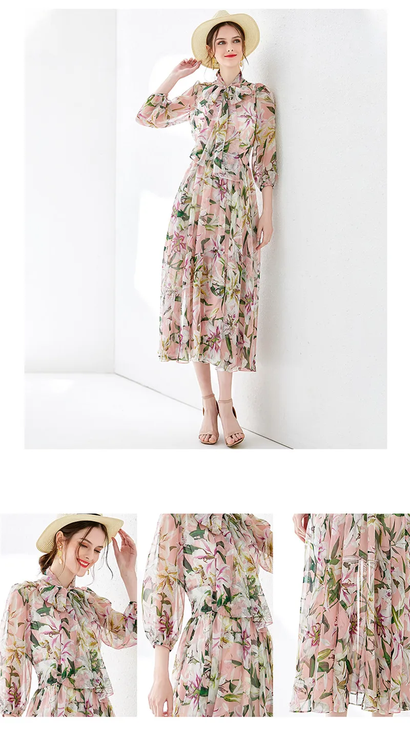 Осеннее европейское платье для подиума женское элегантное розовое платье с бантом и длинным рукавом, шифоновое длинное богемное Пляжное Платье vestidos de fiesta