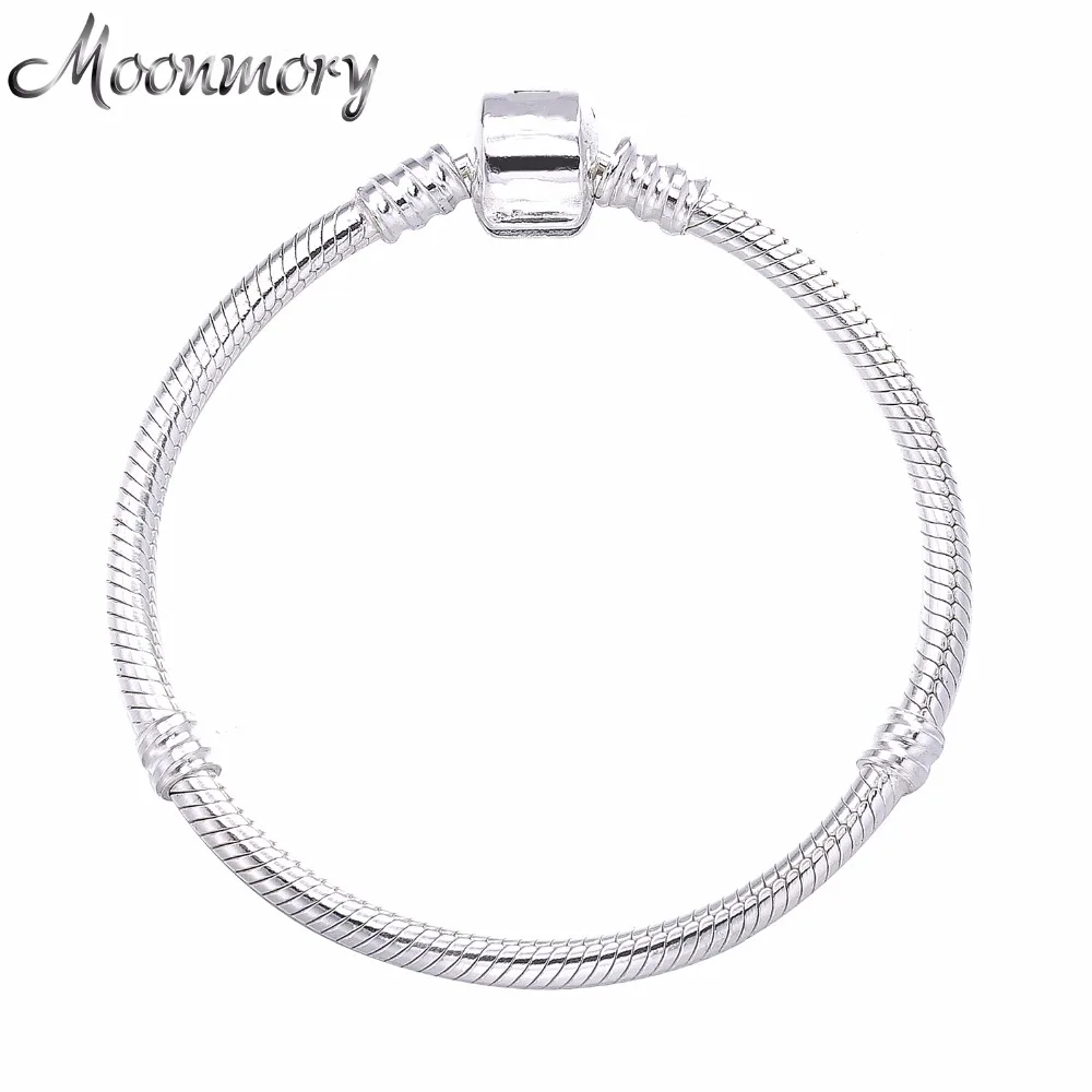 Cena Moonmory 2017 europejska popularna biżuteria 925 srebrny łańcuszek żmijka łańcuszek bransoletka z zapięciem pasuje do DIY koraliki bransoletka wężowa