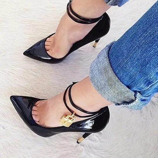 Fashion Gold Padlock High Heels font b Women b font Pumps Sexy Snake Skin Ankle Strappy