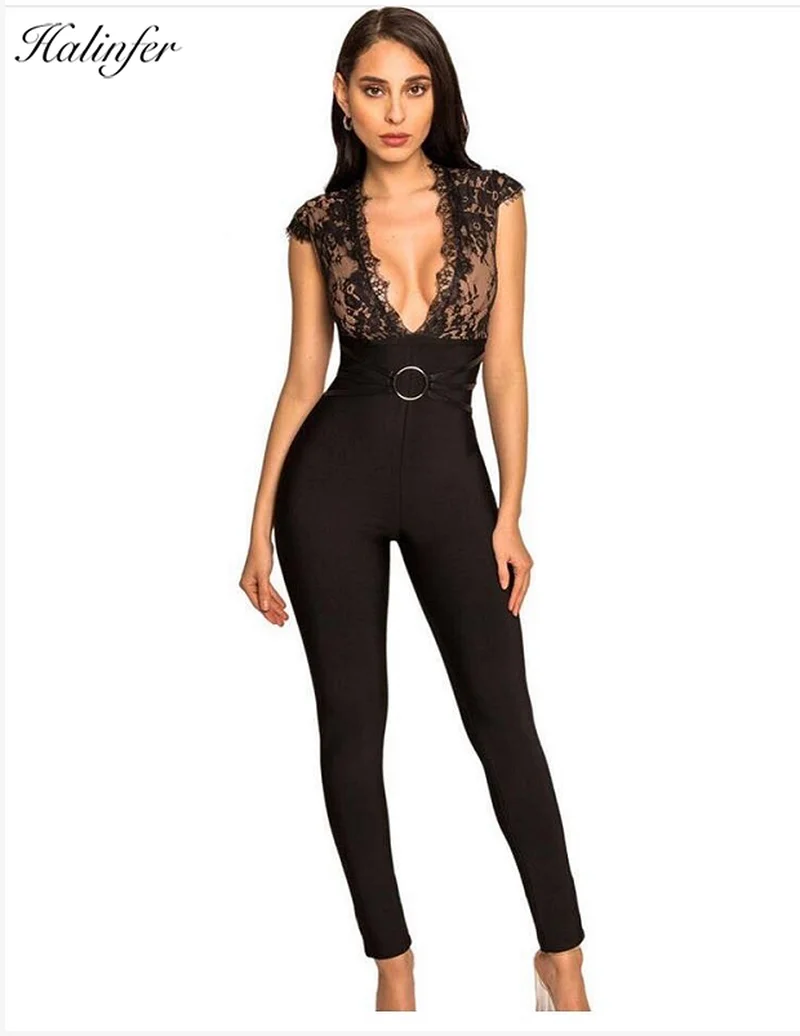 

Halinfer 2019 High Quality Blue Lace V-neck Bodycon Rayon Bandage Jumpsuit Evening Party Bodycon Jumpsuit