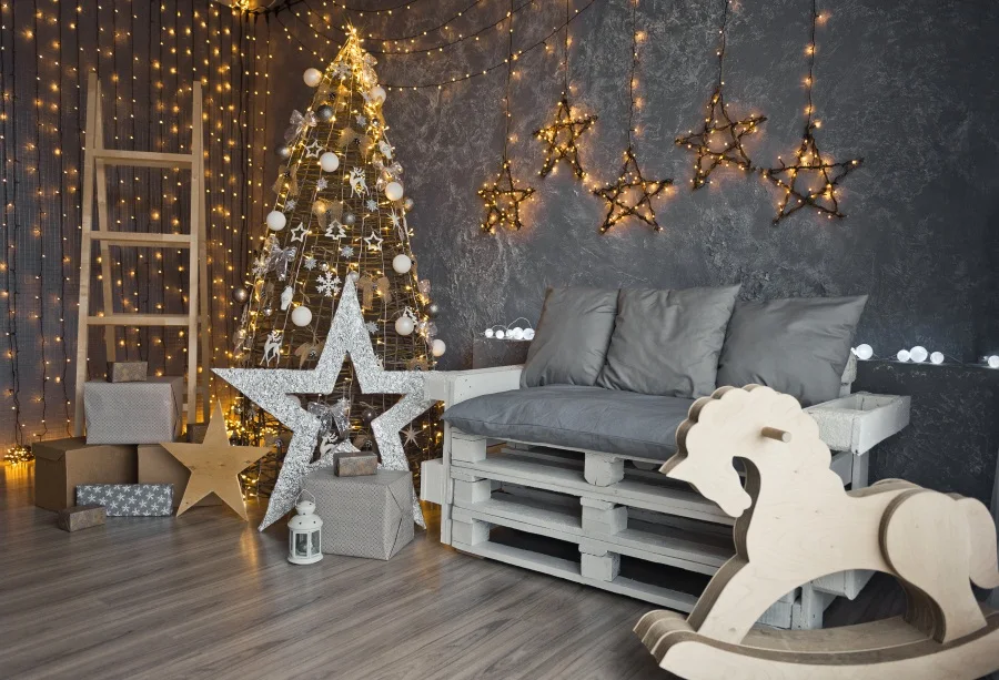 

Laeacco Photo Backgrounds Christmas Tree Light Bulb Decor Sofa Star Gift Toys Customized Photography Backdrops For Photo Studio