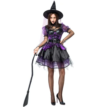 

Halloween Witch Costume For Women Adult Sexy Purple Swallow Tail Braces Dress Hat Carnival Party Female Suit