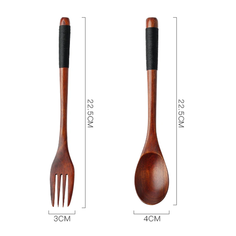 Set of 2 Wooden Spoon Fork Set Long Handle Japanese Style Wood Soup Spoon Dinner Salad Fork Kids Outdoor Cutlery Kitchen Utensils (7)