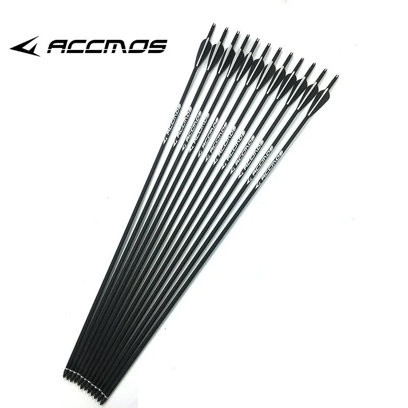 

12pc Carbon Arrow 30' Length Spine 500 Archery With Replaceable Arrowhead for Compound/Recurve Bow Hunting Black White Feather