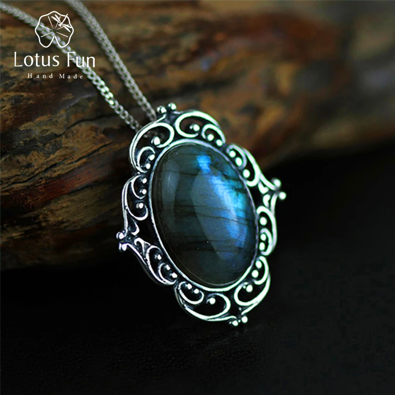 Najtaniej Lotus Fun prawdziwe 925 srebro naturalny labradoryt Handmade elegancka biżuteria w stylu vintage wisiorek bez naszyjnik kobiety Acessorios