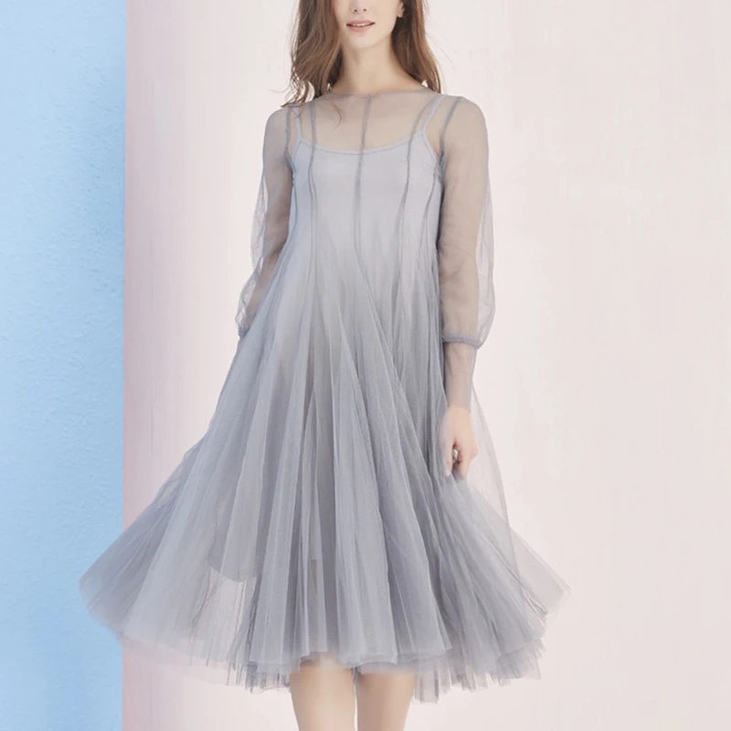 2018 new spring summer vintage tulle dress women mesh long sleeve female party long dress chiffon sexy black red clothing