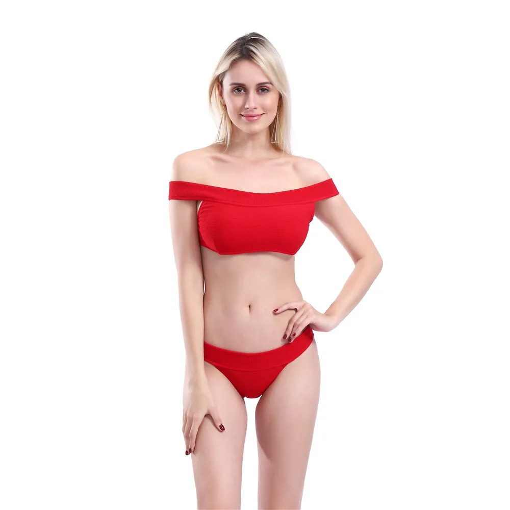 

bikini 2019 Pure color One word collar Breast pad T-back Swimming Sandy beach bikinis set swimwear women swimsuit biquini mayo
