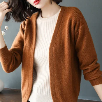 

Cashmere sweater female new v-neck cardigan jacket ladies solid color wild needle short cashmere sweater loose women's clothing