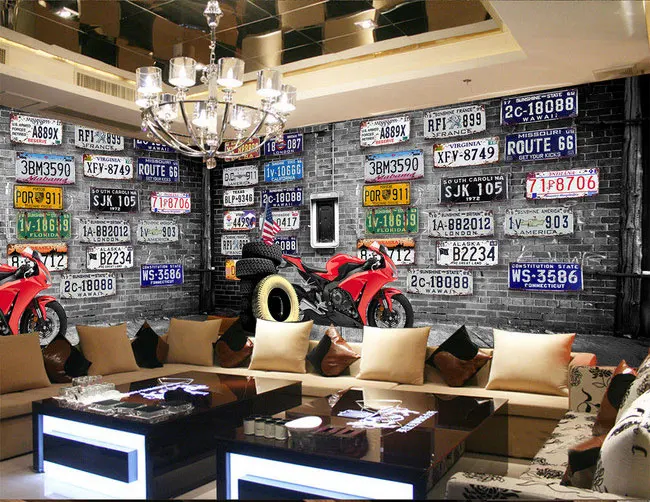 Europe America nostalgic retro brick plates motorcycle tire large mural 3D wallpaper for walls 3d bedroom living room TV stereo