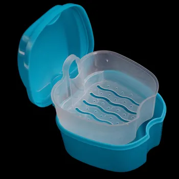 

Bset Deal Denture Bath Box Case Dental False Teeth Storage Box with Hanging Net Container Blue Plastic artificial tooth holder