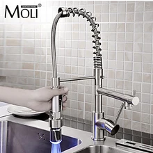 Solid brass nickel brushed kitchen faucet deck mounted pull down torneiras with two spray led light water tap