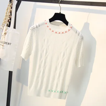 

Nonis Summer Knitted Ice Silk Slim Pullover T Shirt For Women Elegant Female Short Sleeve Casual Blusas Fashion Tops