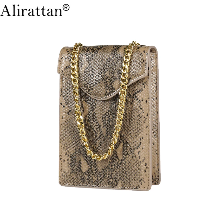

Alirattan 2019 Snake Serpentine Mobile Phone Bag Designer High Quality Vintage Gold Chain Shoulder Messenger Bag Shipping H184