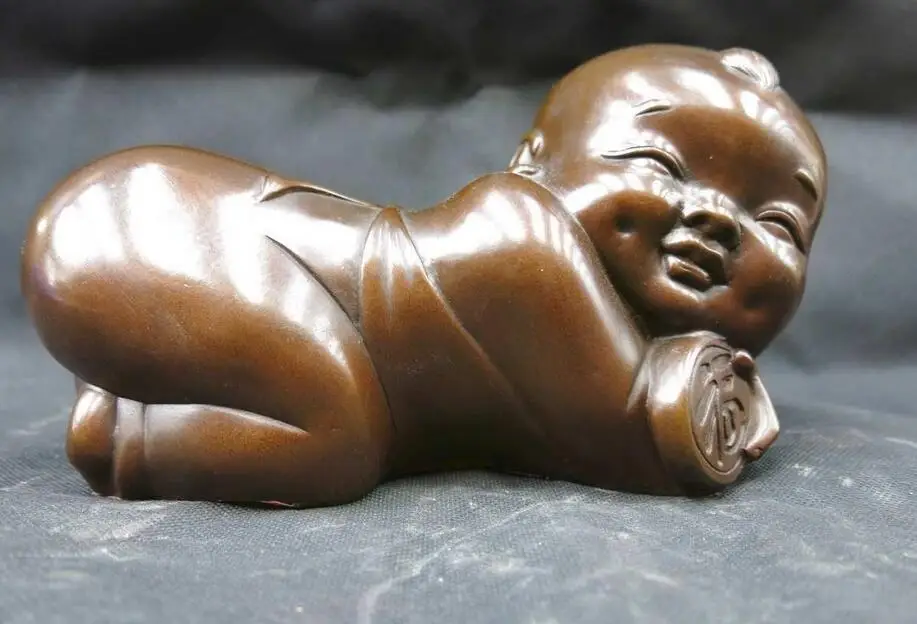 

7" Chinese purple bronze carved beautifully Children pillow Sculpture Statue
