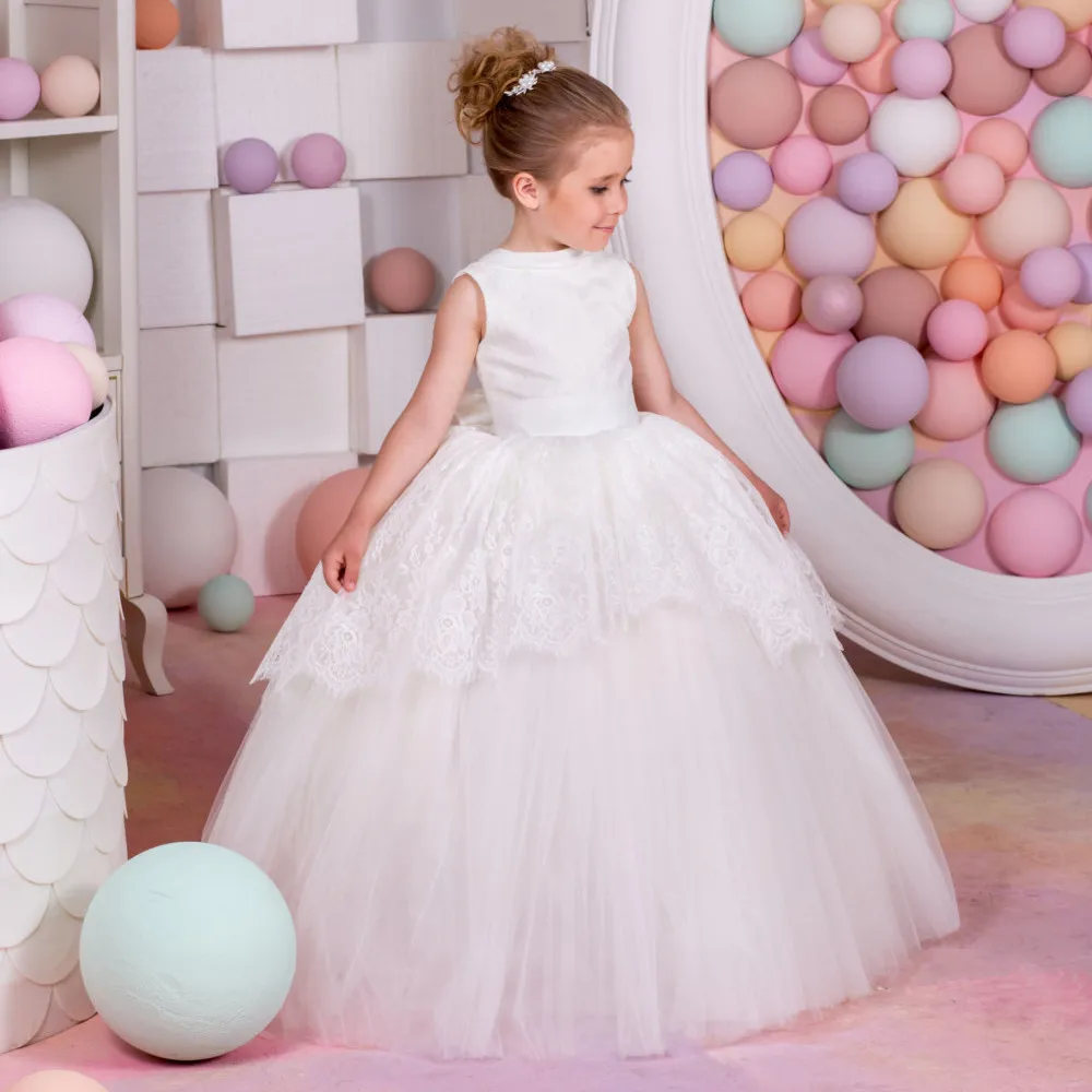 

White Flower Girl Dresses Lace Appliques Ball Gown Sleeveless O-Neck Back Bow Solid First Communion Dresses Vestidos De Comunion