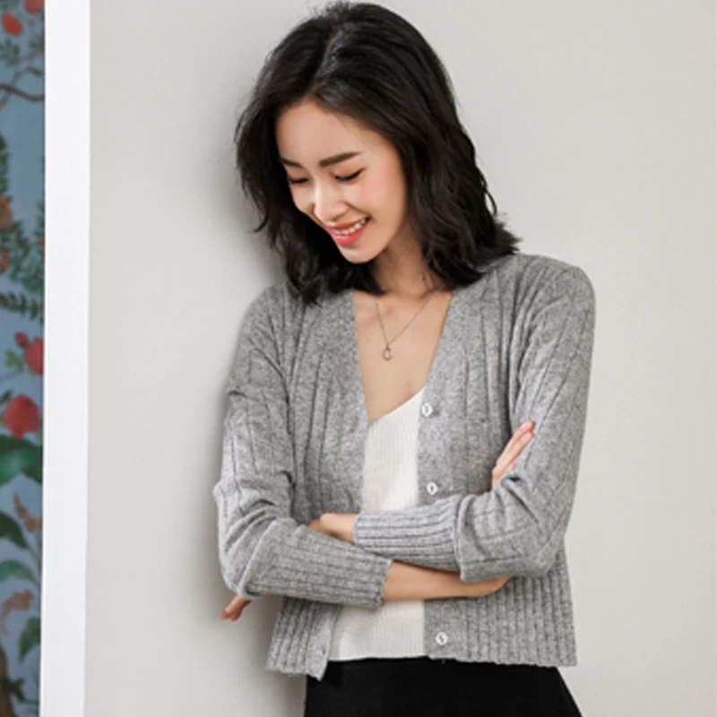 

LHZSYY Women's 2019 Spring New High-end Cashmere Cardigan V-neck Sweater Fashion Solid color Wool Knit Jacket Short Wild Blouse