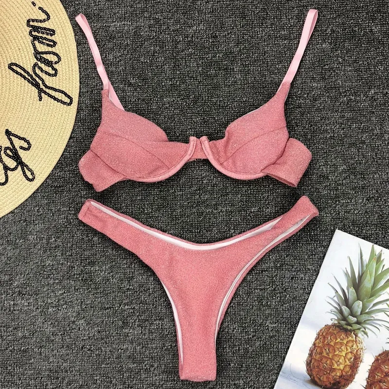 

Padded Bra Bikini 2019 Shiny Swimwear Set Ladies Push Up Padded Triangle Swimwear Bathing Solid Color Thong Bra 2 Pieces Suit