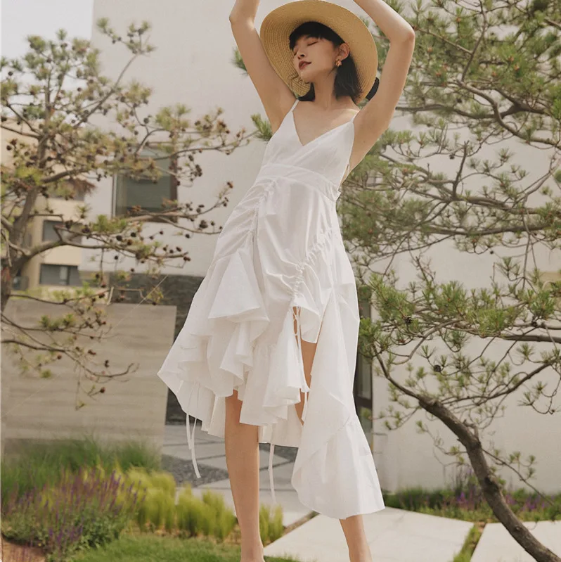 

[EWQ] 2019 Summer New Sweet High Waist Spaghetti Drawstring Asymmetrical Hem Strap Sexy Sling Dress Loose Ruffle Dresses QJ320