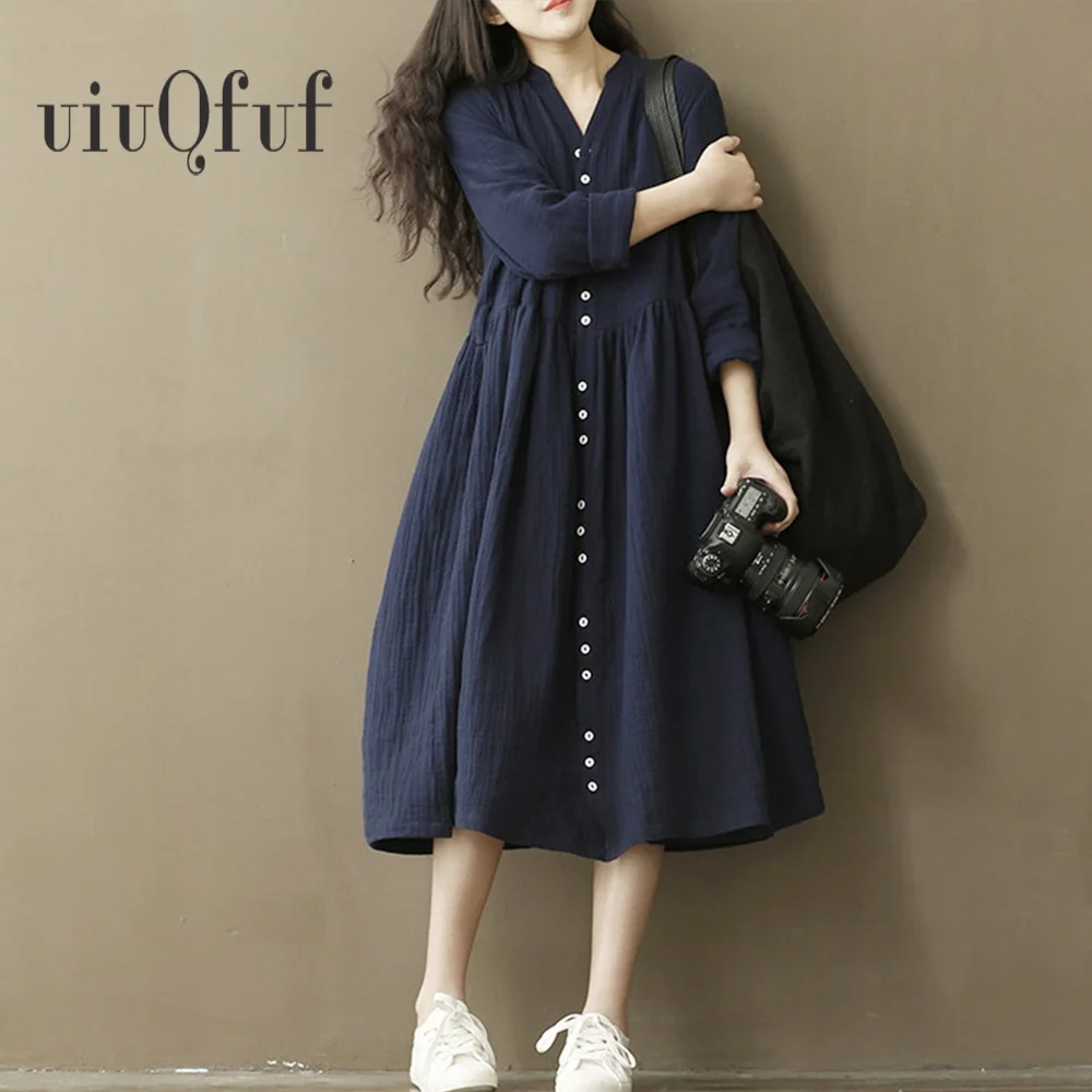 

Cotton Linen White Dress V-Neck Loose Long Sleeve Early Autumn Solid Color Plus Size Women Button Elegant Casual Maxi Dress