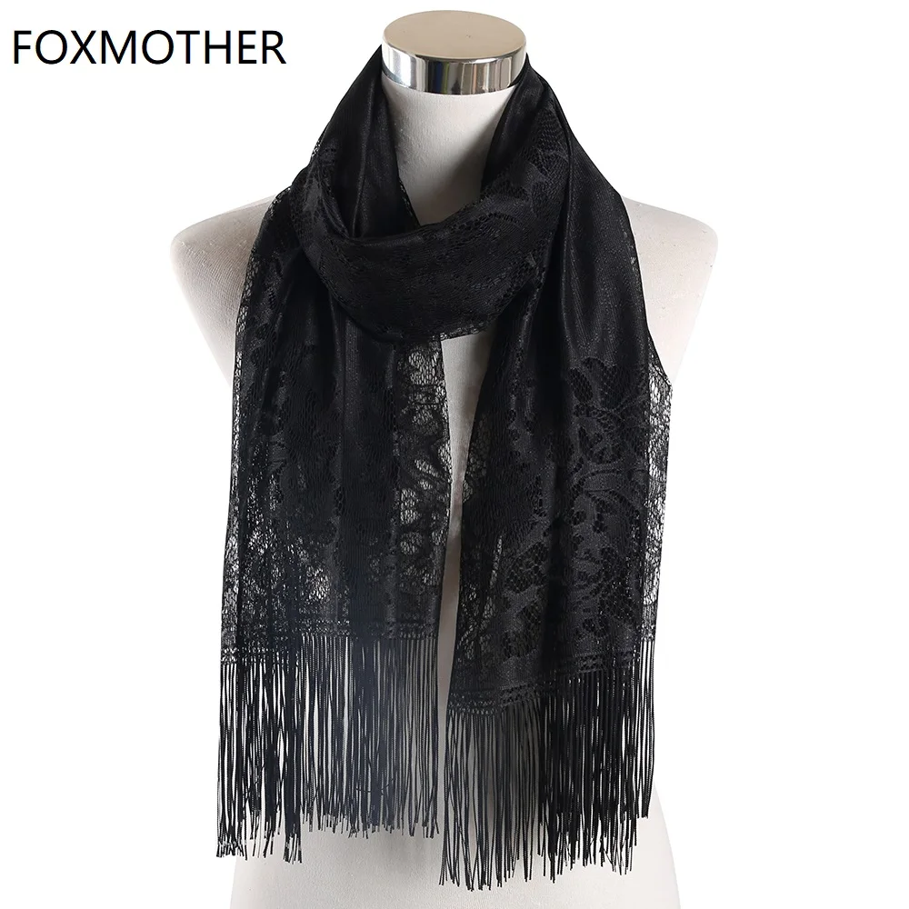Женский кружевной шарф FOXMOTHER черный желтый розовый цветочный с бахромой шаль