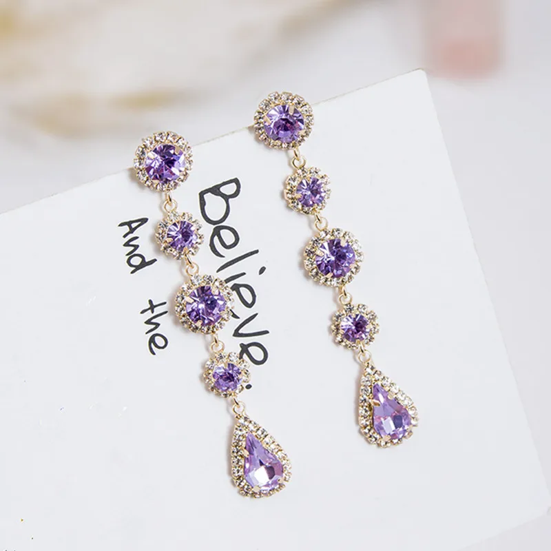 

New Luxury Charm Purple Round Water Drop Full Rhinestone Long Dangle Earrings for Women Fashion Boucle D'oreille Femme 5A3020