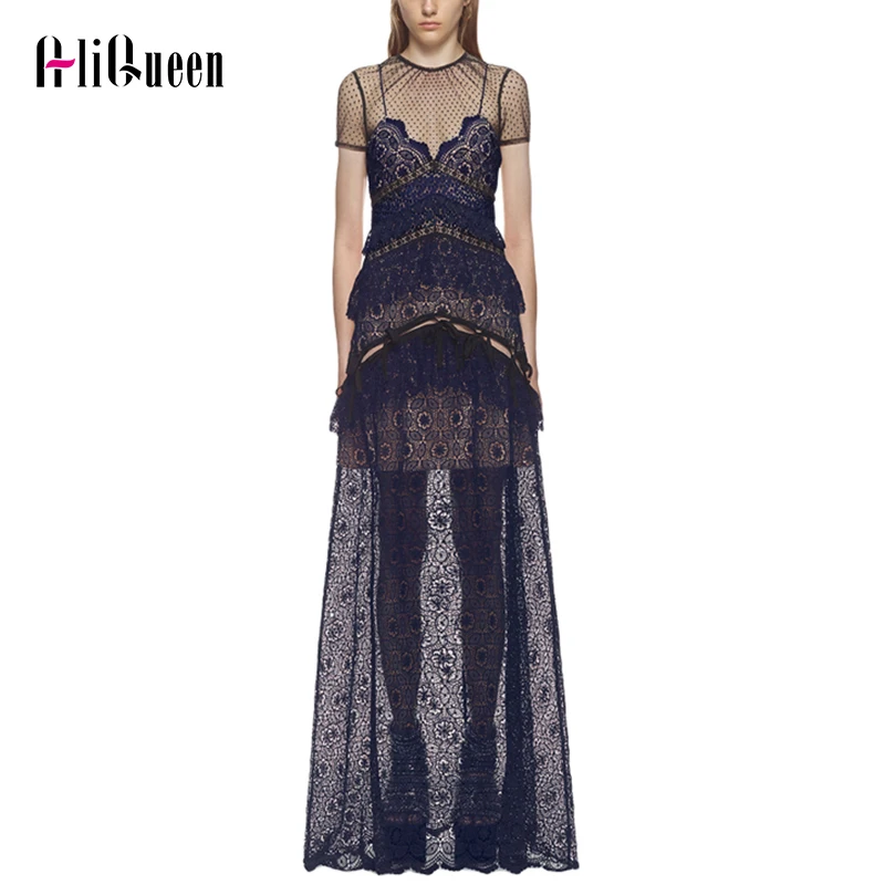 

High Quality Self Portrait Runway Women Dress 2019 Lace Embroidery Hollow Out Patchwork Maxi Long Dress Party Club Vestido Chic