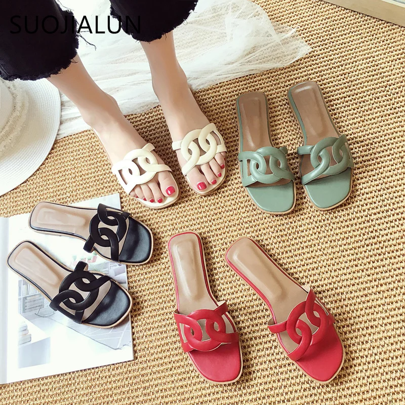 

SUOJIALUN 2019 New Summer Women Slippers Word Hollow out Women Beach Slides Fashion Outsides Flip Flop Sandals Shoes