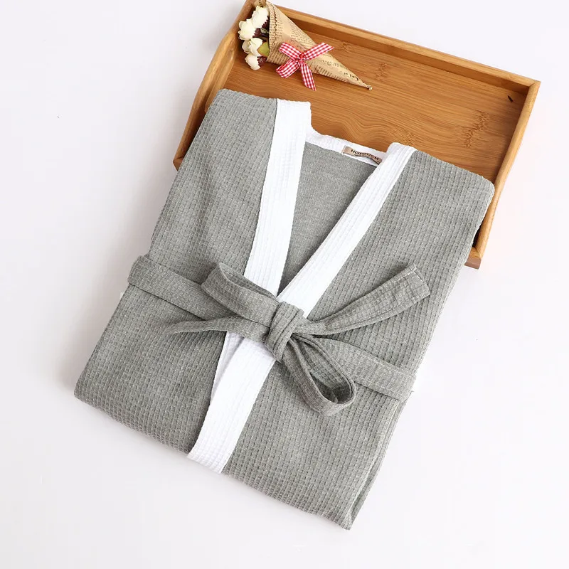 Летние хлопковые одноцветные мужские халаты в стиле пятизвездочного отеля, ночные рубашки, банный халат, банные полотенца, мужской халат для отдыха, тонкая одежда для сна - Цвет: Gray -white