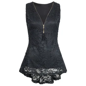 

Plus Size S-2XL Ladies Floral Lace Zip Up Sexy-V Summer Vest Shirt Women Tank Top Fashion T-shirt Woman Tee Tops Casual Female