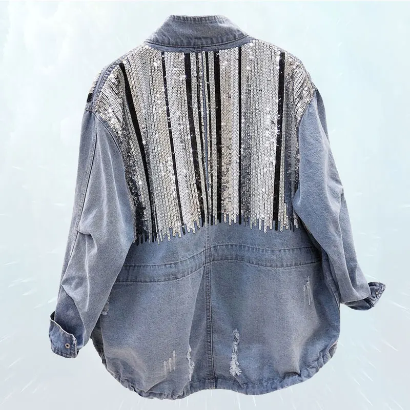

Fashion spring Standing Coat 2019 Sequins Splice Bomber Denim Jacket Women Collar Vintage Hole Drawstring Jeans Jacket Female 81