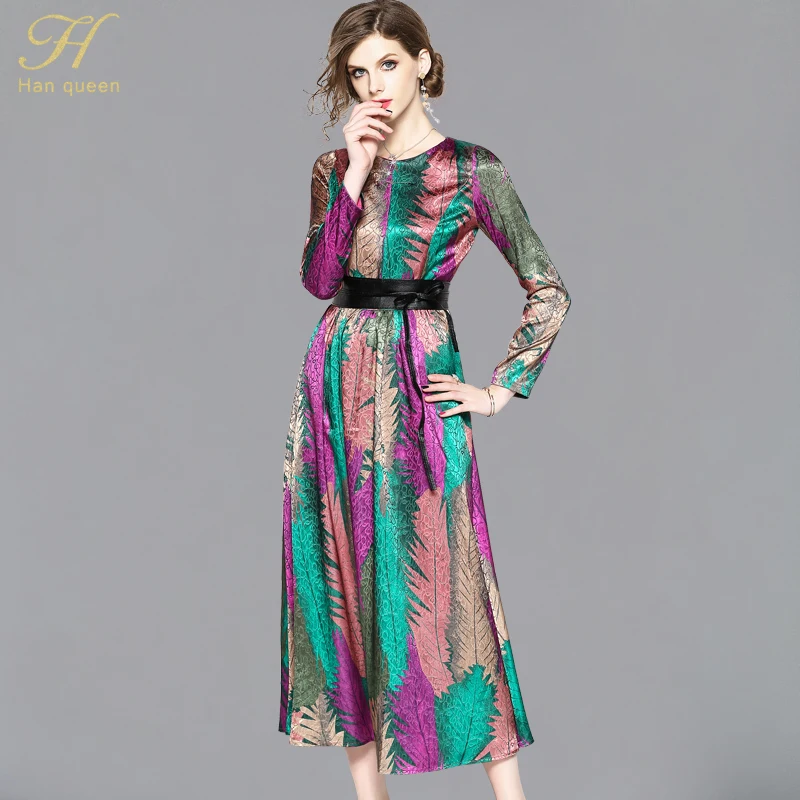 

H Han Queen 2018 Autumn Printing Party Dresses Women Jacquard Work Casual Dress Female Casual Slim Vintage Party Maxi Dresses