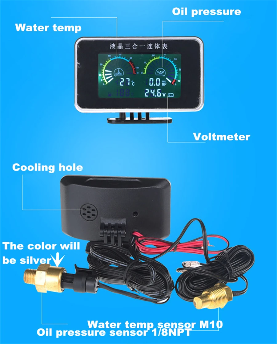 12 V/24 V Новые 3 в 1 измерительное устройство с ЖК-экраном для грузовиков автомобильный масляный Давление датчик+ вольтметр измеритель величины напряжения+ Температура воды измерителем влажности и температуры с датчиками