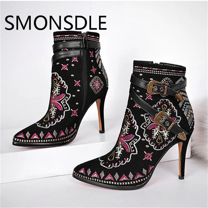 

SMONSDLE Ethnic Style Genuine Leather Women Ankle Boots Pointed Toe Thin High Heels Embroidert Buckle Zip Women Winter Boots