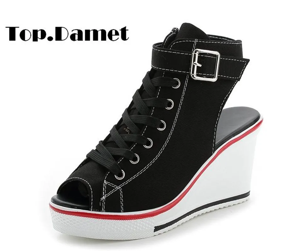 

Top.Damet Women Platform Wedges Peep Toe Canvas Ankle Strap Sandals Heels Lace Up Summer Casual Shoes with Zipper Plus Size