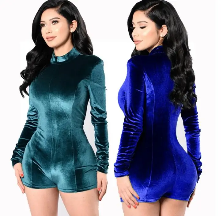 

Fashion autumn winter Turtleneck Velvet Jumpsuit Back Zipper Party Women overalls Long Sleeve Sexy Slim Romper ClubWear Playsuit