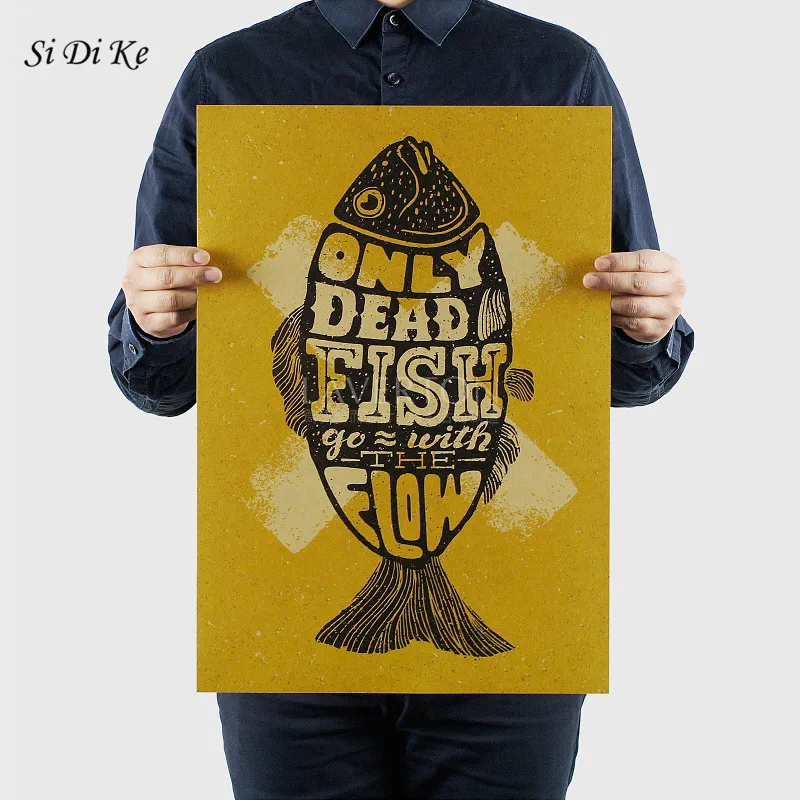 

Si Di Ke Only Dead Fish Go with The Flow Retro Style Cute Wall Posters Retro Bar Decor Room Decor Wall Decoration