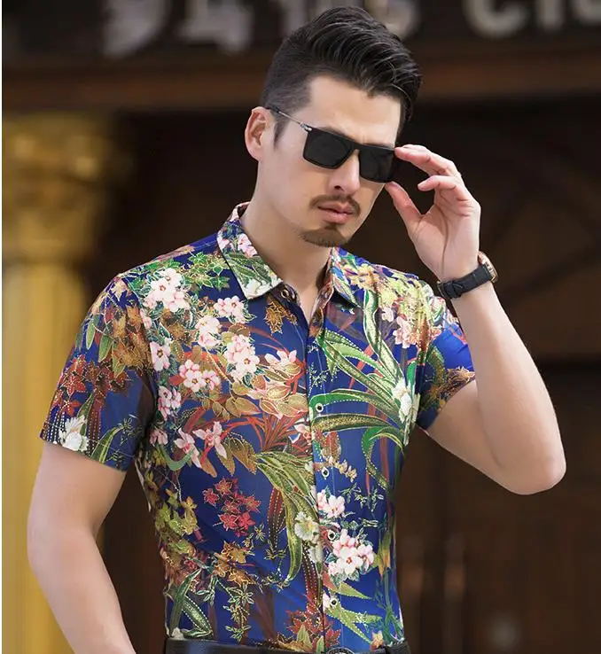 New Fashion Short Sleeve Silk Hawaiian Shirt Men Summer Casual Floral ...