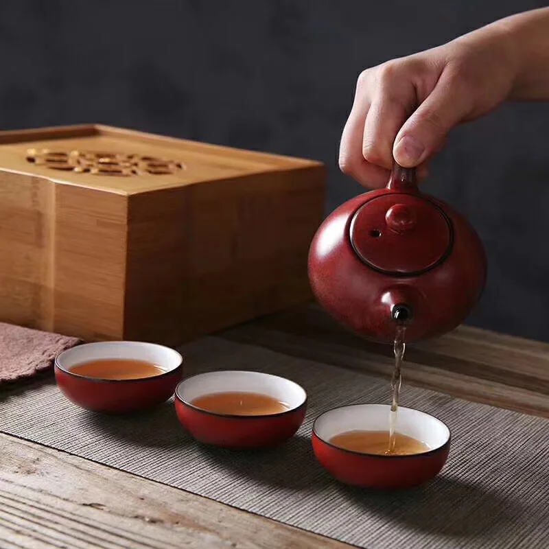  TANGPIN Red ceramic teapots with 3 cups a tea sets portable travel tea set drinkware