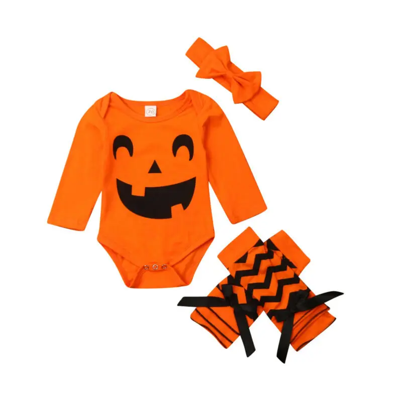 

New Baby Girl Boy Halloween Pumpkin Romper +Headband+Sock Outfit Set Clothes