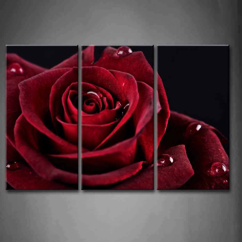 

Framed Wall Art Pictures Red Rose Dew Canvas Print Artwork Flower Modern Posters With Wooden Frames For Living Room