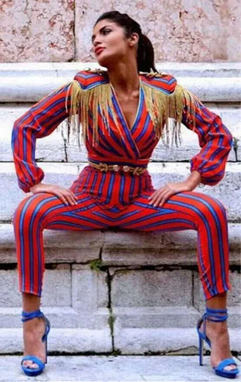 red and blue striped jumpsuit