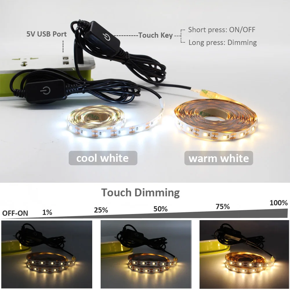 USB Светодиодные ленты сенсорный DC5V светодиодный лента с регулируемой яркостью Светодиодные ленты Водонепроницаемый сенсорный экран 1 м 2 м 3 м 4 м 5 м Светодиодные ленты e для софиты для шкафа Кухня светильник